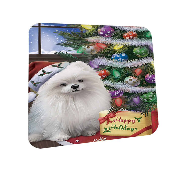 Christmas Happy Holidays Pomeranian Dog with Tree and Presents Coasters Set of 4 CST53805