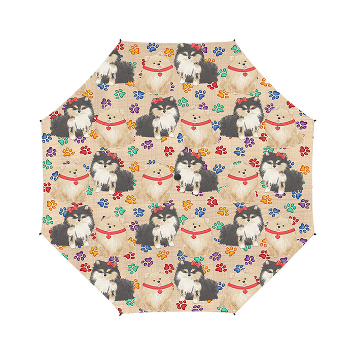 Rainbow Paw Print Pomeranian Dogs Red Semi-Automatic Foldable Umbrella