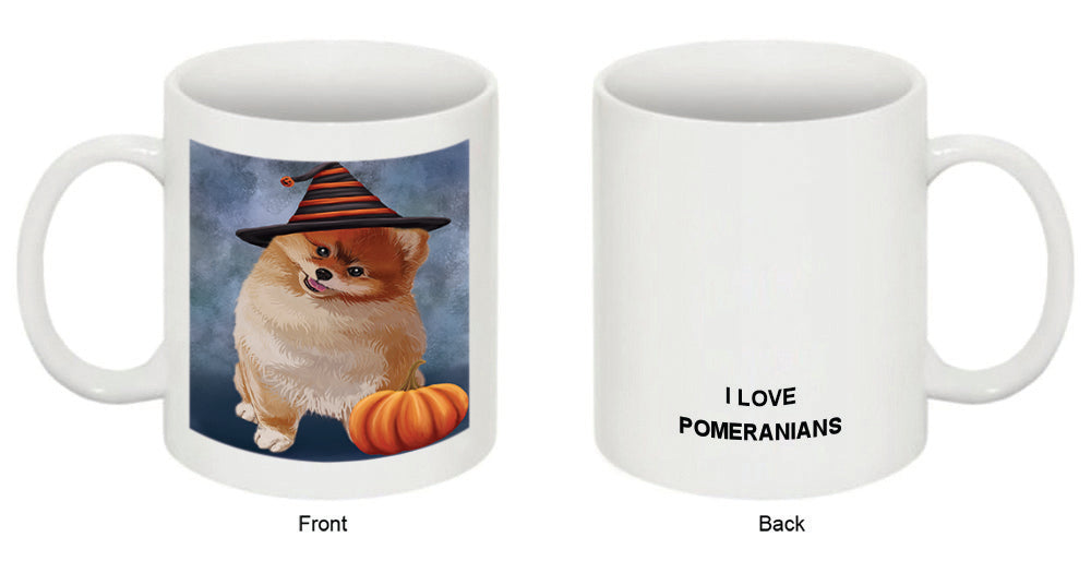 Happy Halloween Pomeranian Dog Wearing Witch Hat with Pumpkin Coffee Mug MUG50387