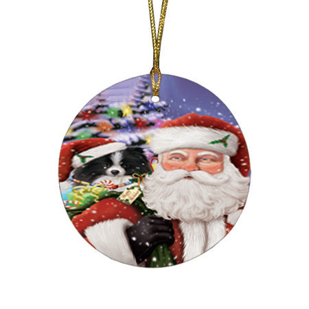 Santa Carrying Pomeranian Dog and Christmas Presents Round Flat Christmas Ornament RFPOR53996