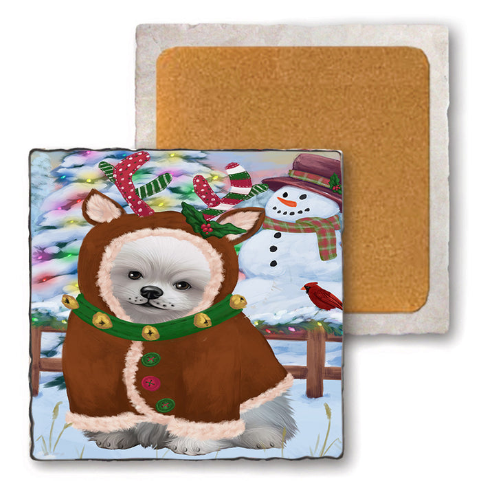 Christmas Gingerbread House Candyfest Pomeranian Dog Set of 4 Natural Stone Marble Tile Coasters MCST51479