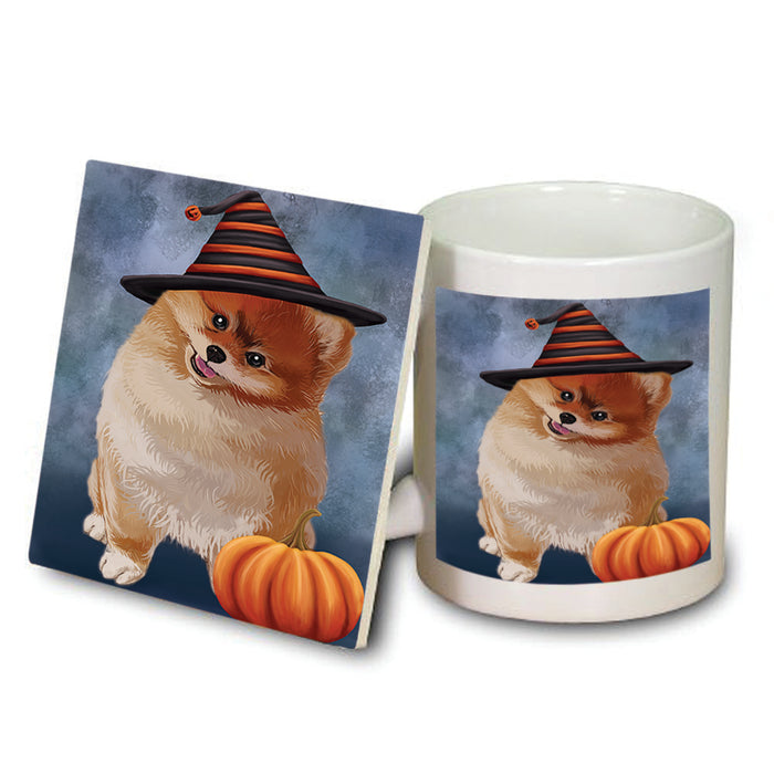 Happy Halloween Pomeranian Dog Wearing Witch Hat with Pumpkin Mug and Coaster Set MUC54981