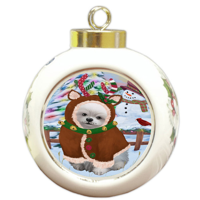 Christmas Gingerbread House Candyfest Pomeranian Dog Round Ball Christmas Ornament RBPOR56835