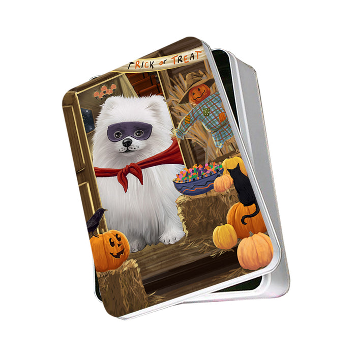 Enter at Own Risk Trick or Treat Halloween Pomeranian Dog Photo Storage Tin PITN53220