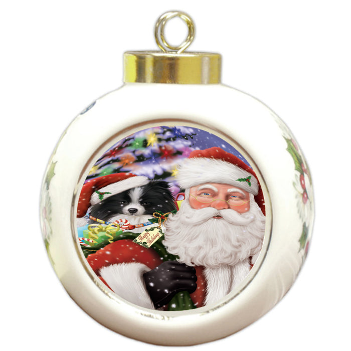 Santa Carrying Pomeranian Dog and Christmas Presents Round Ball Christmas Ornament RBPOR54005