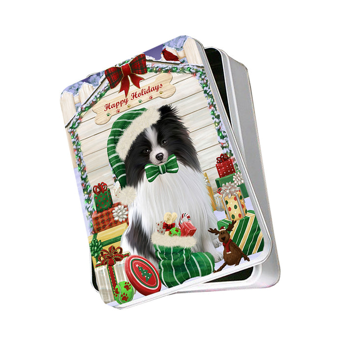 Happy Holidays Christmas Pomeranian Dog House With Presents Photo Storage Tin PITN52173