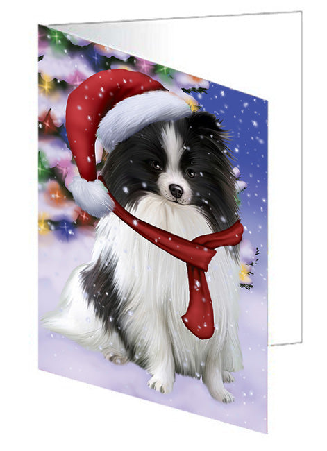 Winterland Wonderland Pomeranian Dog In Christmas Holiday Scenic Background  Handmade Artwork Assorted Pets Greeting Cards and Note Cards with Envelopes for All Occasions and Holiday Seasons GCD64253