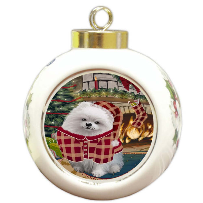 The Stocking was Hung Pomeranian Dog Round Ball Christmas Ornament RBPOR55919