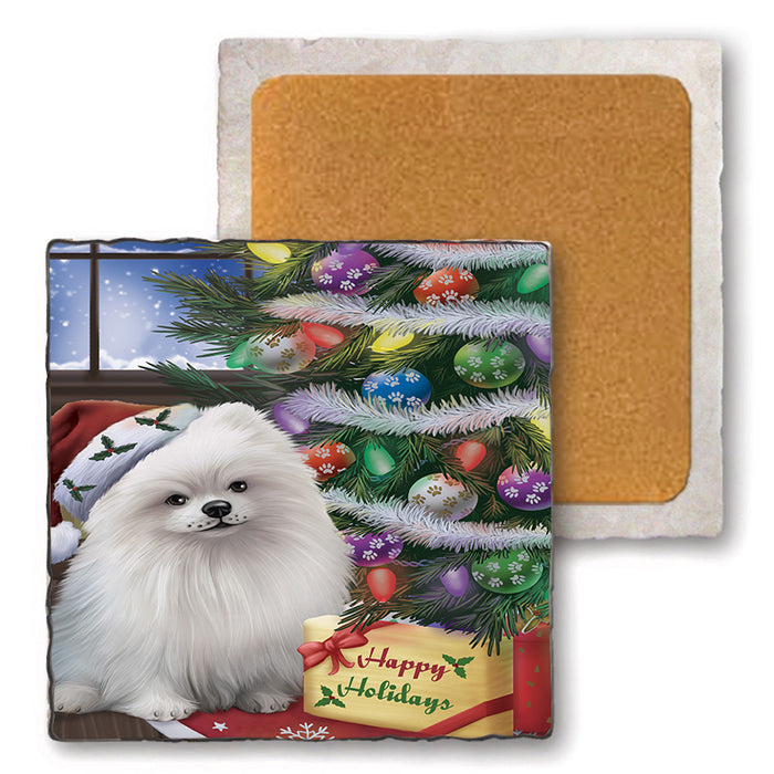 Christmas Happy Holidays Pomeranian Dog with Tree and Presents Set of 4 Natural Stone Marble Tile Coasters MCST48847