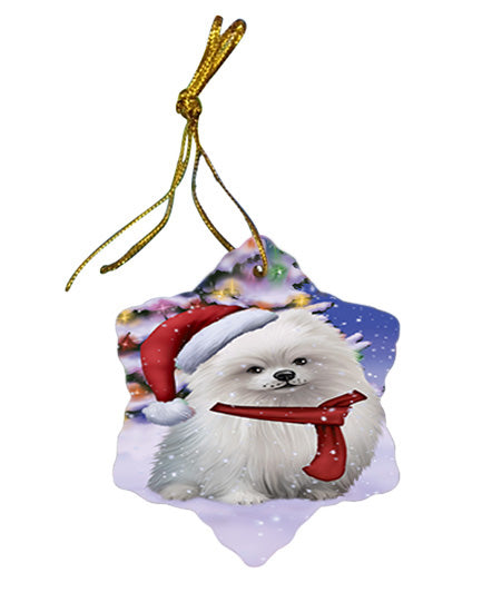 Winterland Wonderland Pomeranian Dog In Christmas Holiday Scenic Background  Star Porcelain Ornament SPOR53400