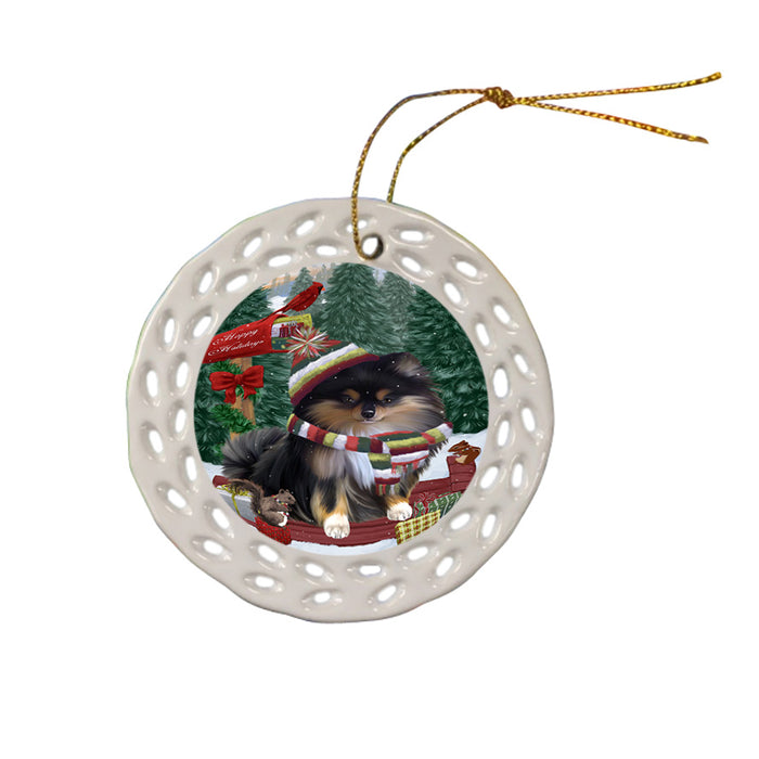 Merry Christmas Woodland Sled Pomeranian Dog Ceramic Doily Ornament DPOR55352