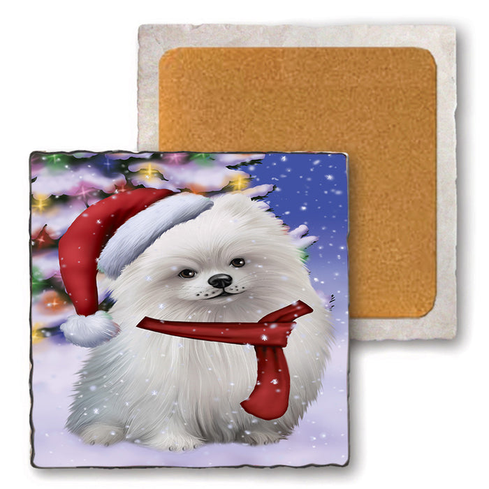 Winterland Wonderland Pomeranian Dog In Christmas Holiday Scenic Background  Set of 4 Natural Stone Marble Tile Coasters MCST48409