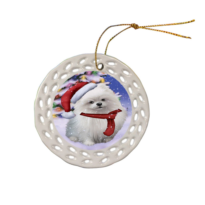 Winterland Wonderland Pomeranian Dog In Christmas Holiday Scenic Background  Ceramic Doily Ornament DPOR53409