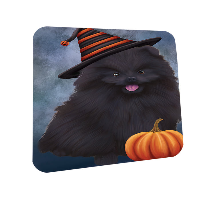 Happy Halloween Pomeranian Dog Wearing Witch Hat with Pumpkin Coasters Set of 4 CST54948