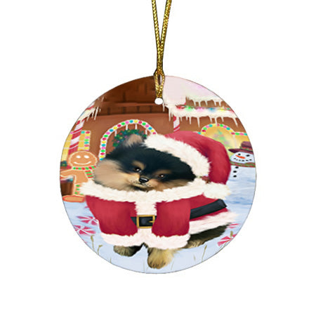 Christmas Gingerbread House Candyfest Pomeranian Dog Round Flat Christmas Ornament RFPOR56836