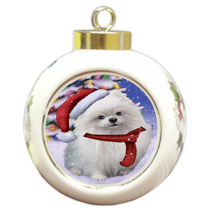 Winterland Wonderland Pomeranian Dog In Christmas Holiday Scenic Background  Round Ball Christmas Ornament RBPOR53409