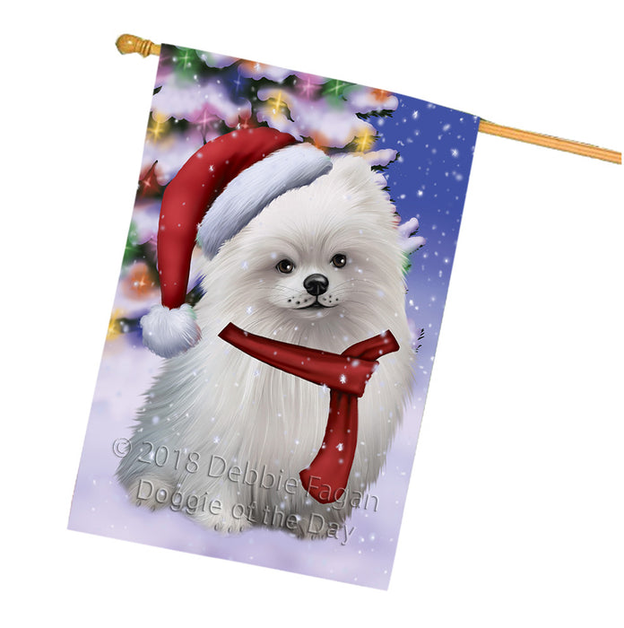 Winterland Wonderland Pomeranian Dog In Christmas Holiday Scenic Background  House Flag FLG53607