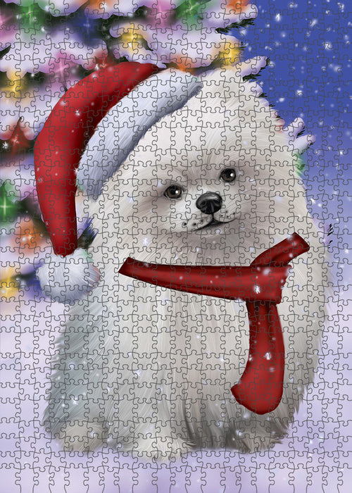 Winterland Wonderland Pomeranian Dog In Christmas Holiday Scenic Background Puzzle with Photo Tin PUZL80792