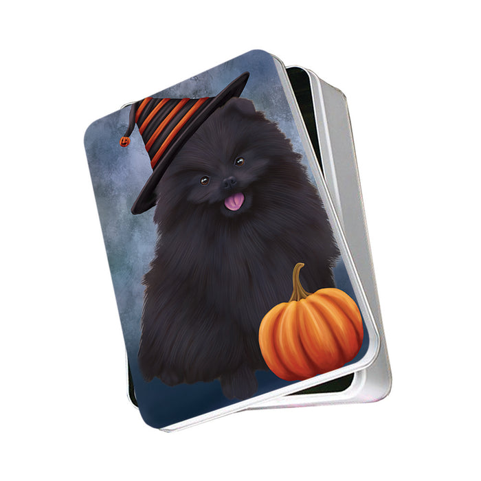 Happy Halloween Pomeranian Dog Wearing Witch Hat with Pumpkin Photo Storage Tin PITN54933