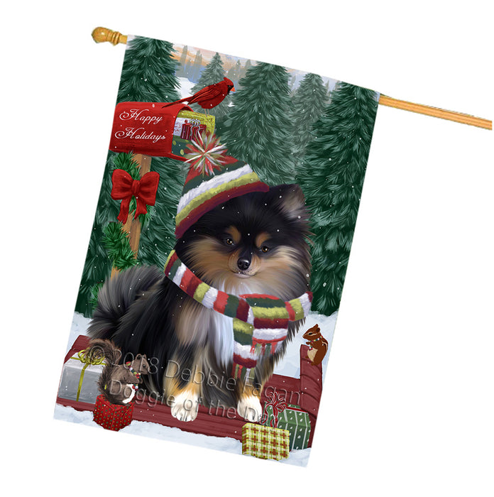 Merry Christmas Woodland Sled Pomeranian Dog House Flag FLG55425