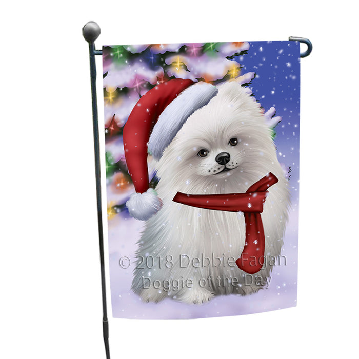 Winterland Wonderland Pomeranian Dog In Christmas Holiday Scenic Background  Garden Flag GFLG53471