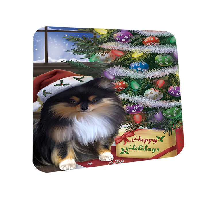 Christmas Happy Holidays Pomeranian Dog with Tree and Presents Coasters Set of 4 CST53806