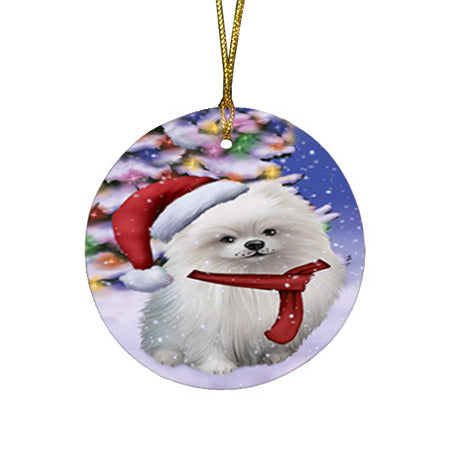 Winterland Wonderland Pomeranian Dog In Christmas Holiday Scenic Background  Round Flat Christmas Ornament RFPOR53400