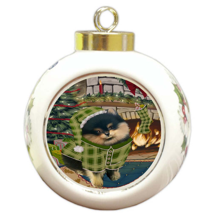 The Stocking was Hung Pomeranian Dog Round Ball Christmas Ornament RBPOR55920