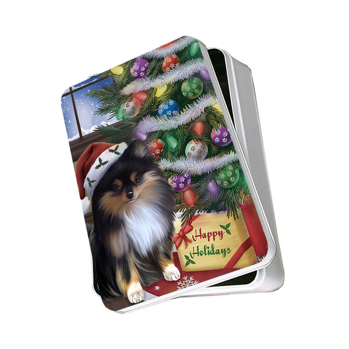 Christmas Happy Holidays Pomeranian Dog with Tree and Presents Photo Storage Tin PITN53791