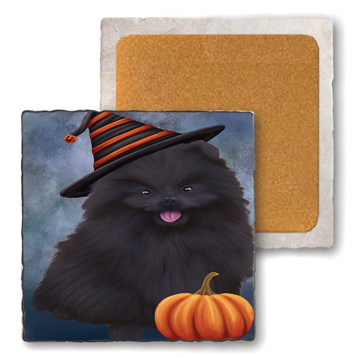Happy Halloween Pomeranian Dog Wearing Witch Hat with Pumpkin Set of 4 Natural Stone Marble Tile Coasters MCST49990