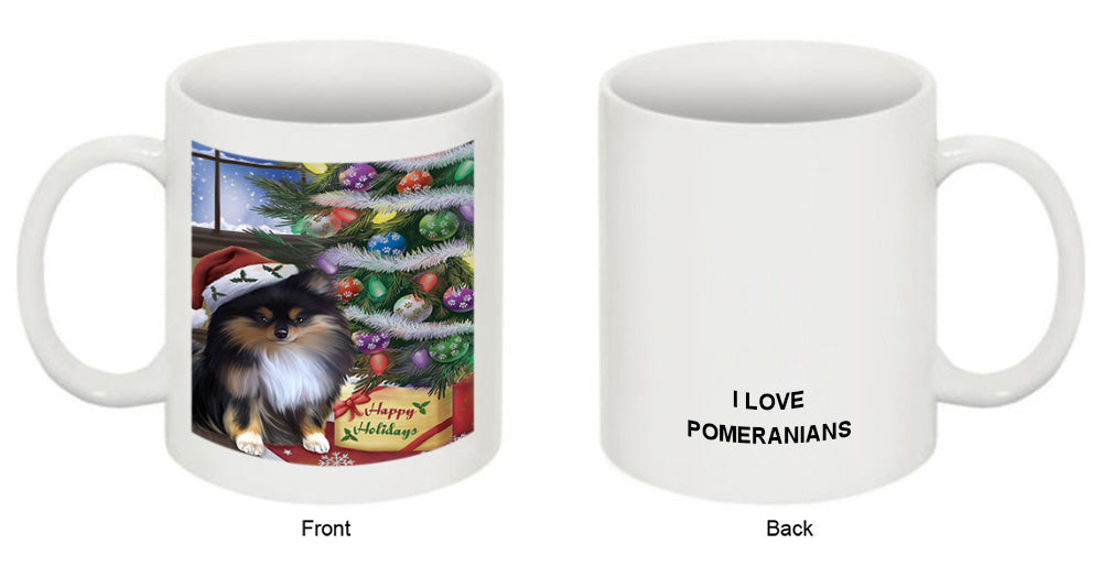 Christmas Happy Holidays Pomeranian Dog with Tree and Presents Coffee Mug MUG49246