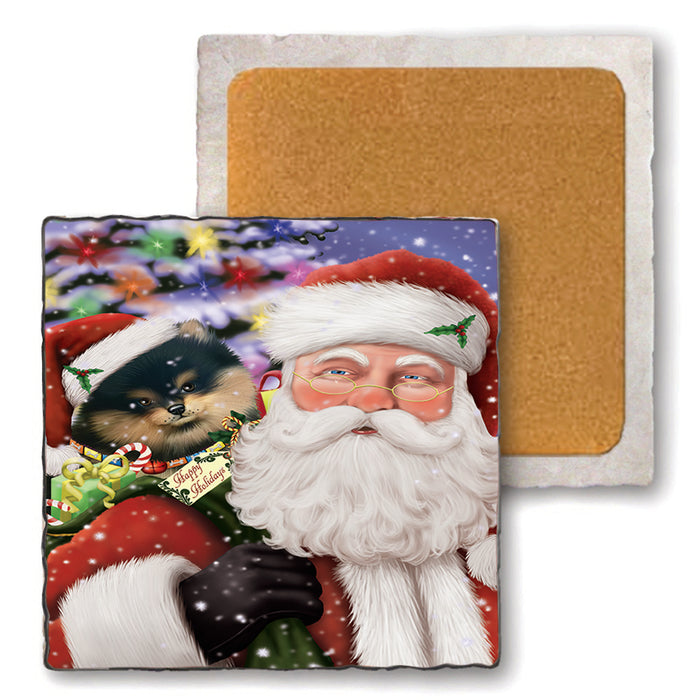Santa Carrying Pomeranian Dog and Christmas Presents Set of 4 Natural Stone Marble Tile Coasters MCST49006