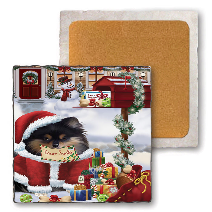Pomeranian Dog Dear Santa Letter Christmas Holiday Mailbox Set of 4 Natural Stone Marble Tile Coasters MCST48917