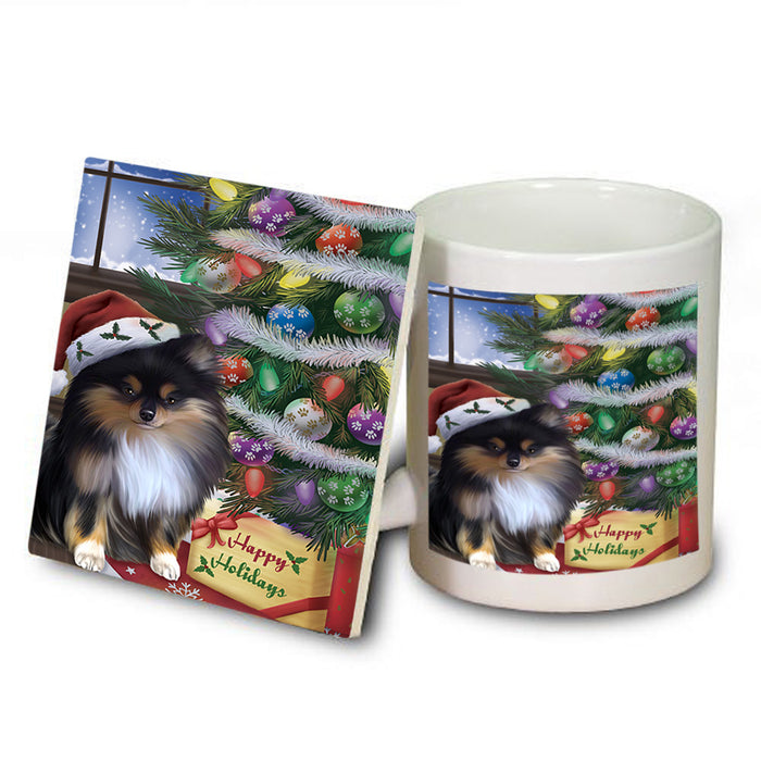 Christmas Happy Holidays Pomeranian Dog with Tree and Presents Mug and Coaster Set MUC53840
