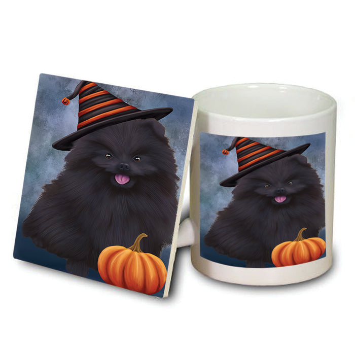 Happy Halloween Pomeranian Dog Wearing Witch Hat with Pumpkin Mug and Coaster Set MUC54982