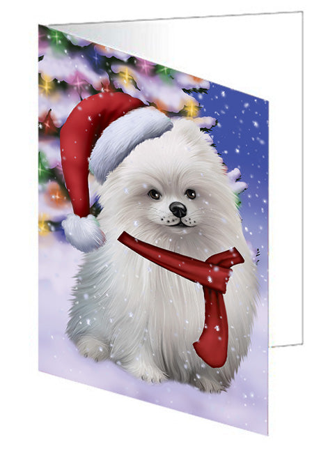 Winterland Wonderland Pomeranian Dog In Christmas Holiday Scenic Background  Handmade Artwork Assorted Pets Greeting Cards and Note Cards with Envelopes for All Occasions and Holiday Seasons GCD64256