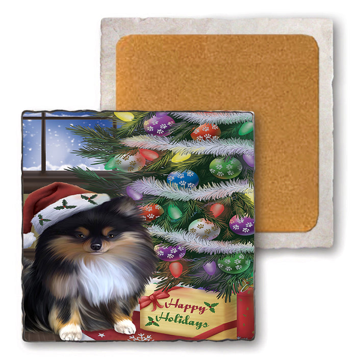 Christmas Happy Holidays Pomeranian Dog with Tree and Presents Set of 4 Natural Stone Marble Tile Coasters MCST48848