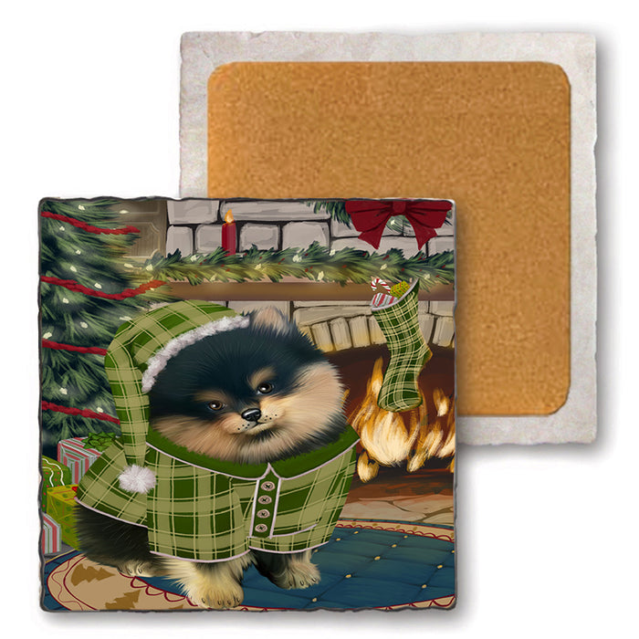 The Stocking was Hung Pomeranian Dog Set of 4 Natural Stone Marble Tile Coasters MCST50564