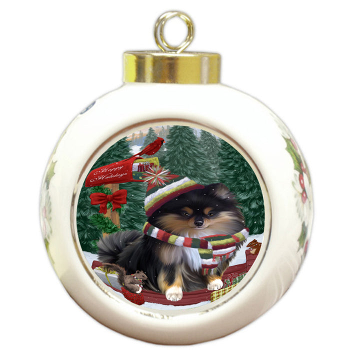 Merry Christmas Woodland Sled Pomeranian Dog Round Ball Christmas Ornament RBPOR55352