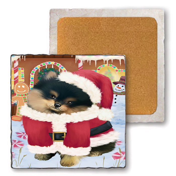 Christmas Gingerbread House Candyfest Pomeranian Dog Set of 4 Natural Stone Marble Tile Coasters MCST51480