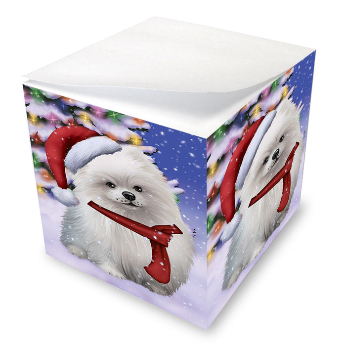 Winterland Wonderland Pomeranian Dog In Christmas Holiday Scenic Background Note Cube NOC53409