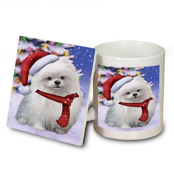 Winterland Wonderland Pomeranian Dog In Christmas Holiday Scenic Background  Mug and Coaster Set MUC53401