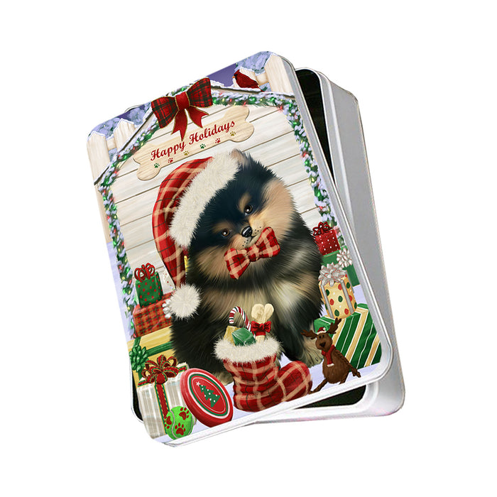 Happy Holidays Christmas Pomeranian Dog House With Presents Photo Storage Tin PITN52174