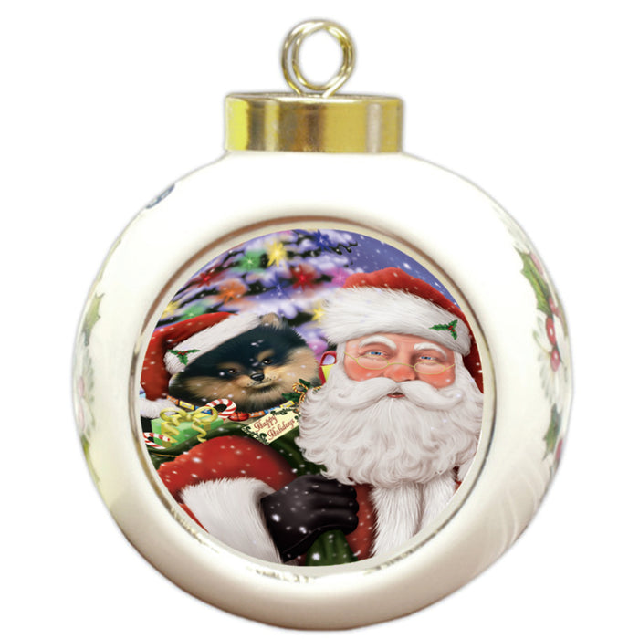 Santa Carrying Pomeranian Dog and Christmas Presents Round Ball Christmas Ornament RBPOR54006