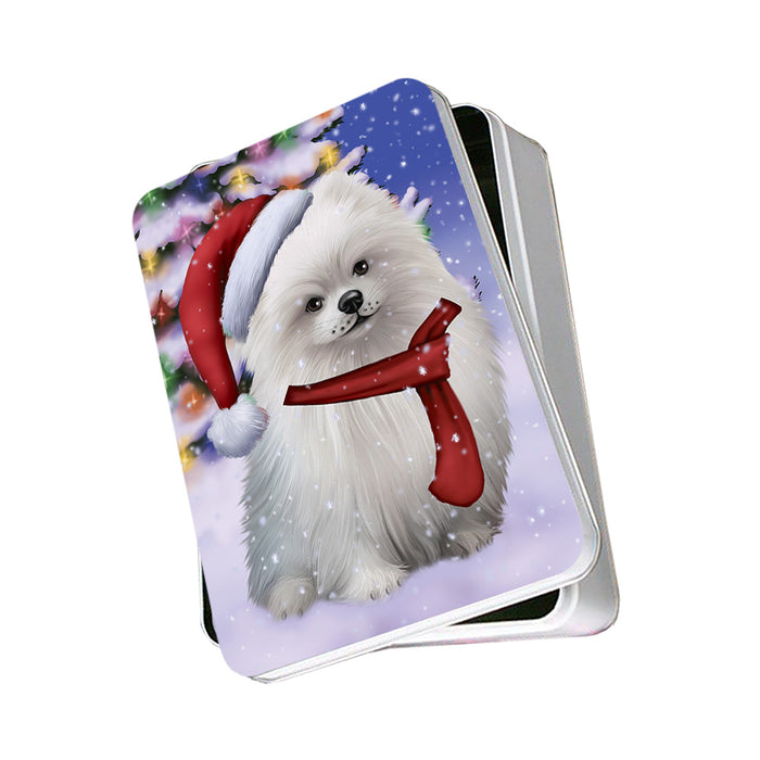 Winterland Wonderland Pomeranian Dog In Christmas Holiday Scenic Background Photo Storage Tin PITN53409