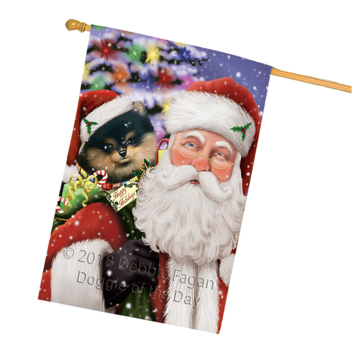 Santa Carrying Pomeranian Dog and Christmas Presents House Flag FLG54204