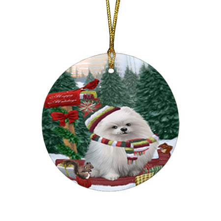 Merry Christmas Woodland Sled Pomeranian Dog Round Flat Christmas Ornament RFPOR55353