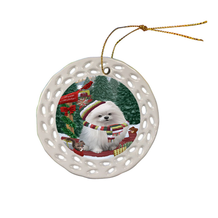 Merry Christmas Woodland Sled Pomeranian Dog Ceramic Doily Ornament DPOR55353