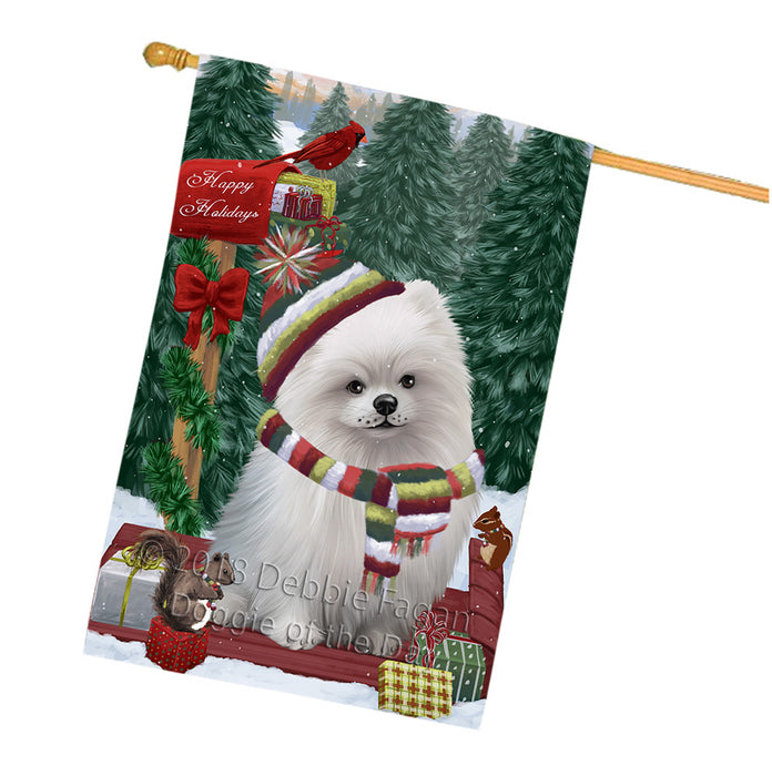 Merry Christmas Woodland Sled Pomeranian Dog House Flag FLG55426