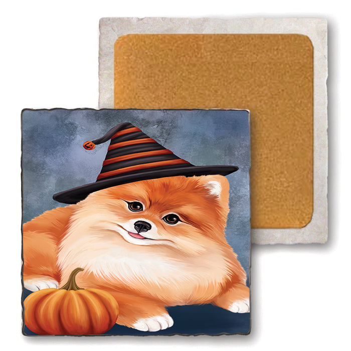 Happy Halloween Pomeranian Dog Wearing Witch Hat with Pumpkin Set of 4 Natural Stone Marble Tile Coasters MCST49991